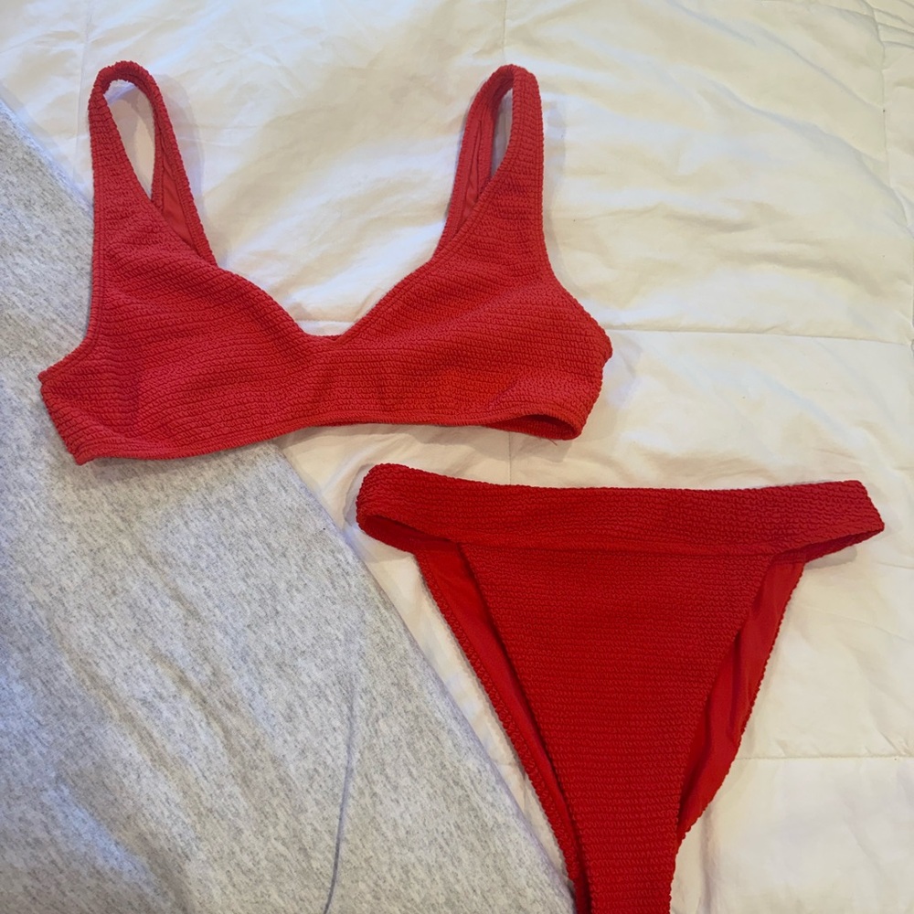 PACSUN Red Crinkle Bikini Set